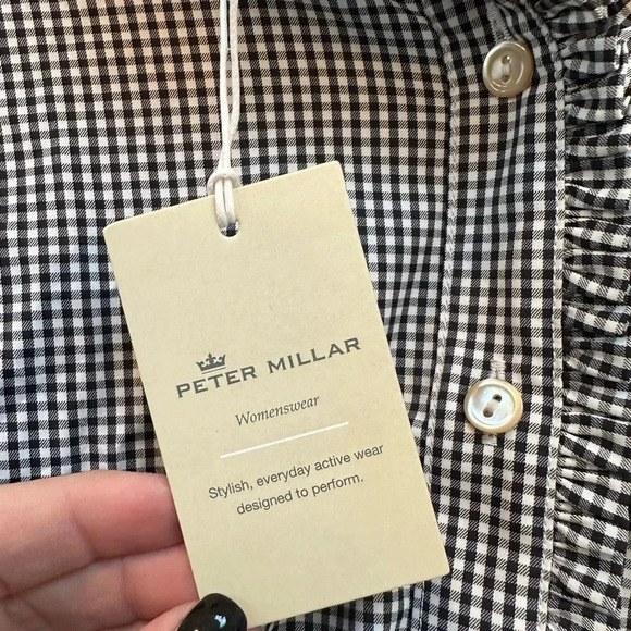 Peter Millar Black White Checkered Button Down Ruffle Collar Sleeve Blouse XS - Picture 8 of 10